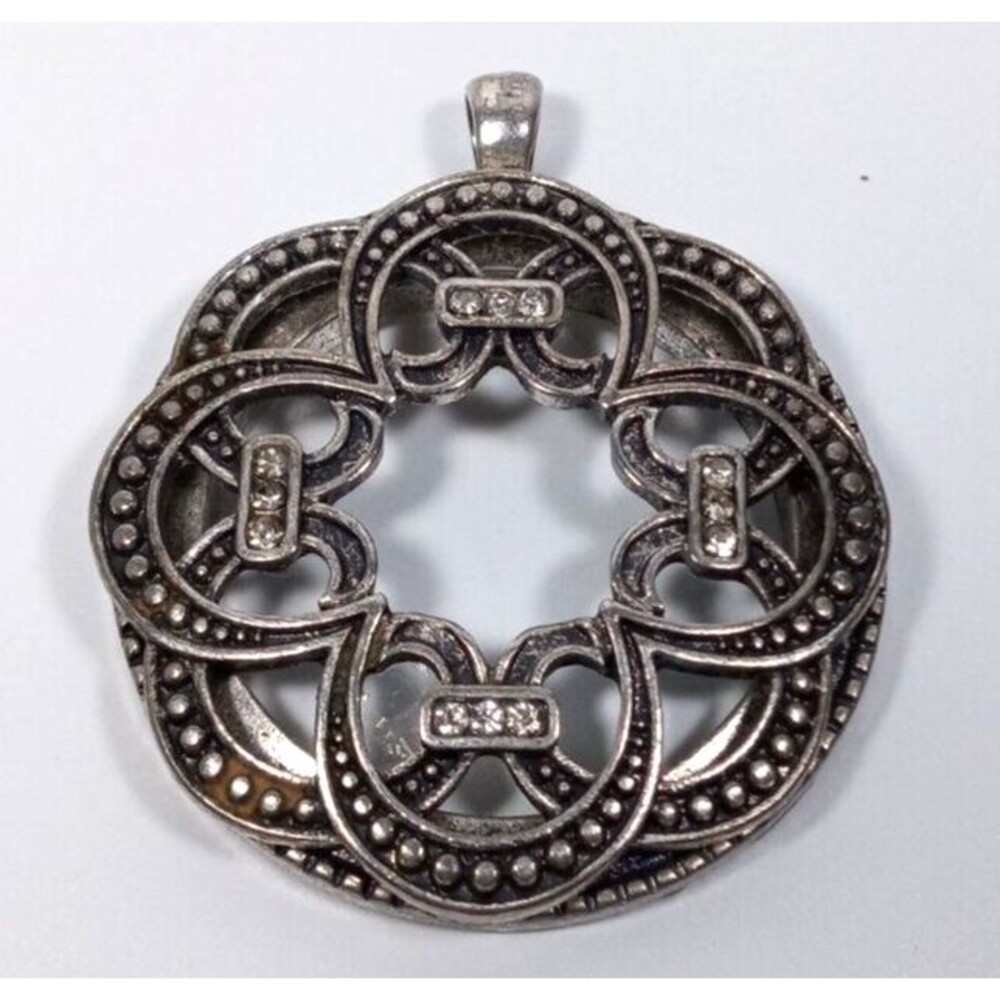 Vintage Silver Tone Round Pendant with Crystals Boho Retro Beauty 1.5" Gift